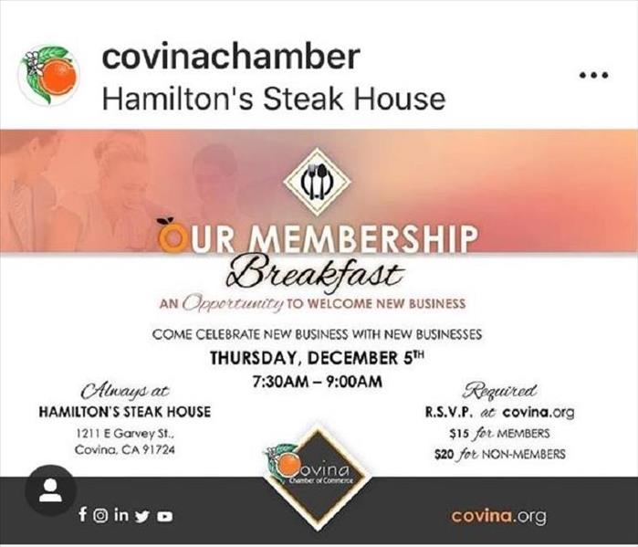 Sign announcing Covina Chamber of Commerce Membership Breakfast
